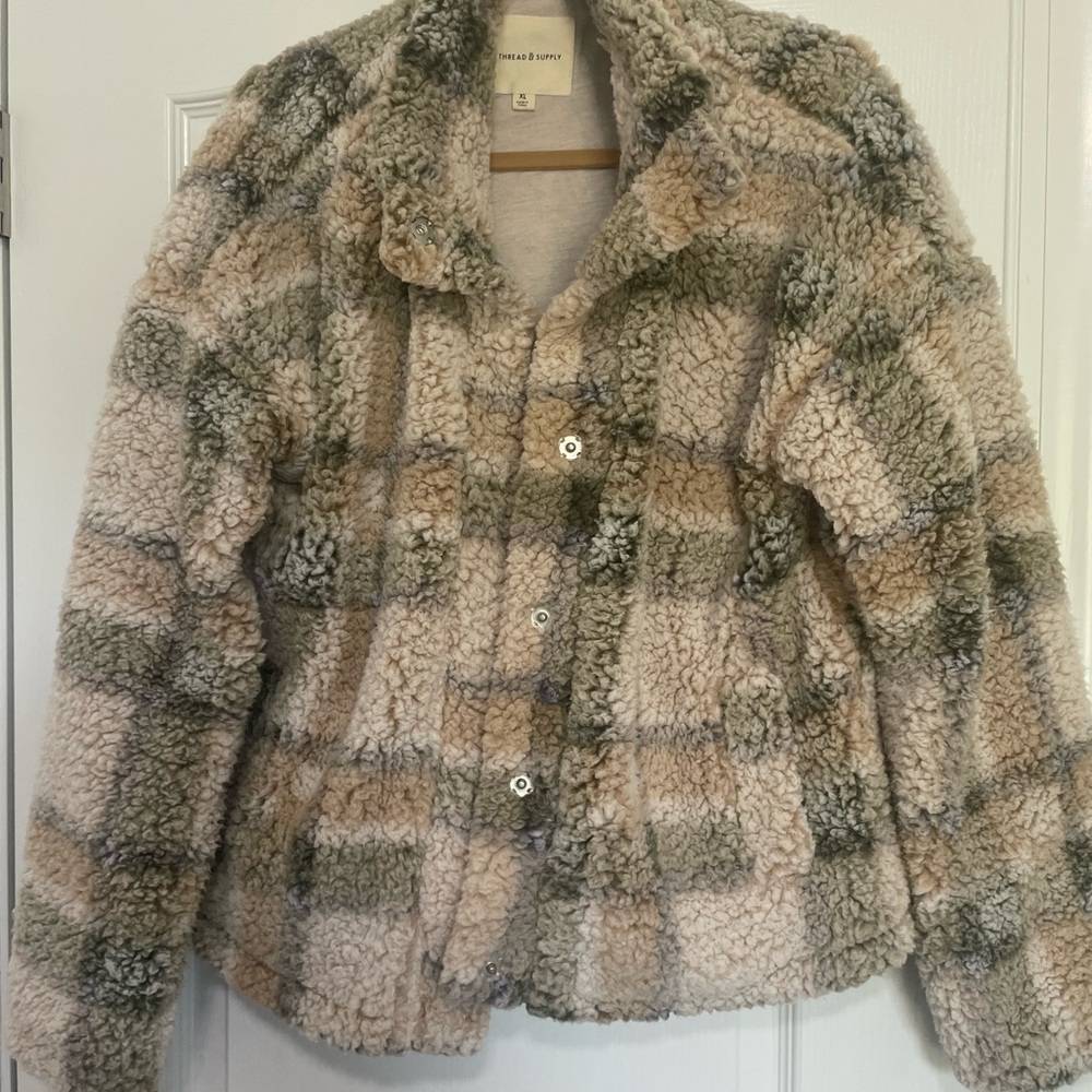 Thread & Supply Plaid Teddy Jacket in Cream and Tan
